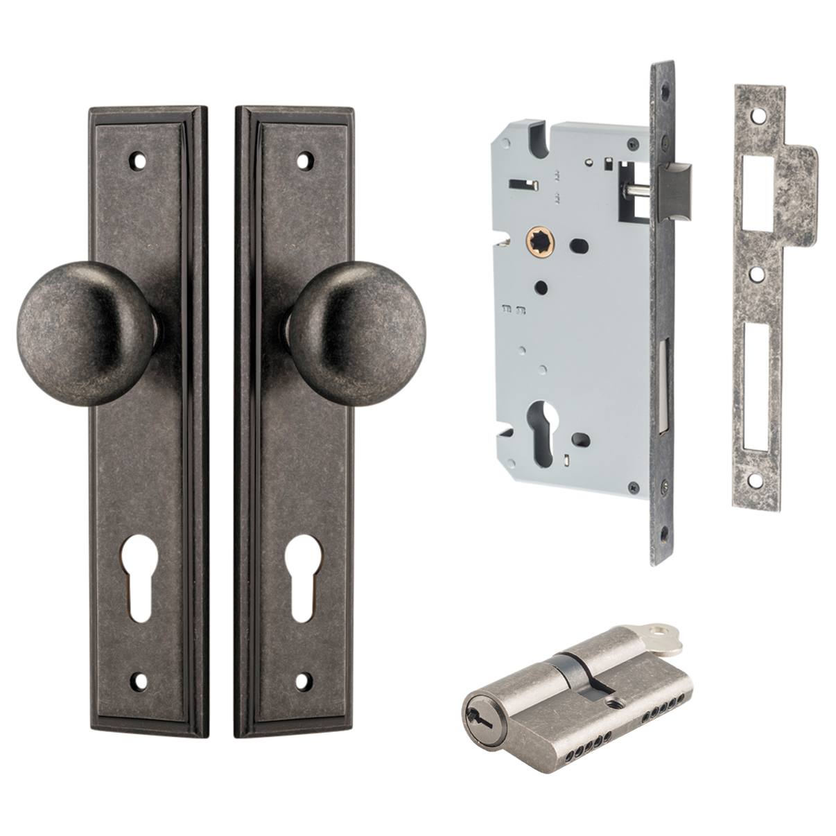Cambridge Knob Stepped Backplate Entrance Kit w High Security Lock Distressed Nickel
