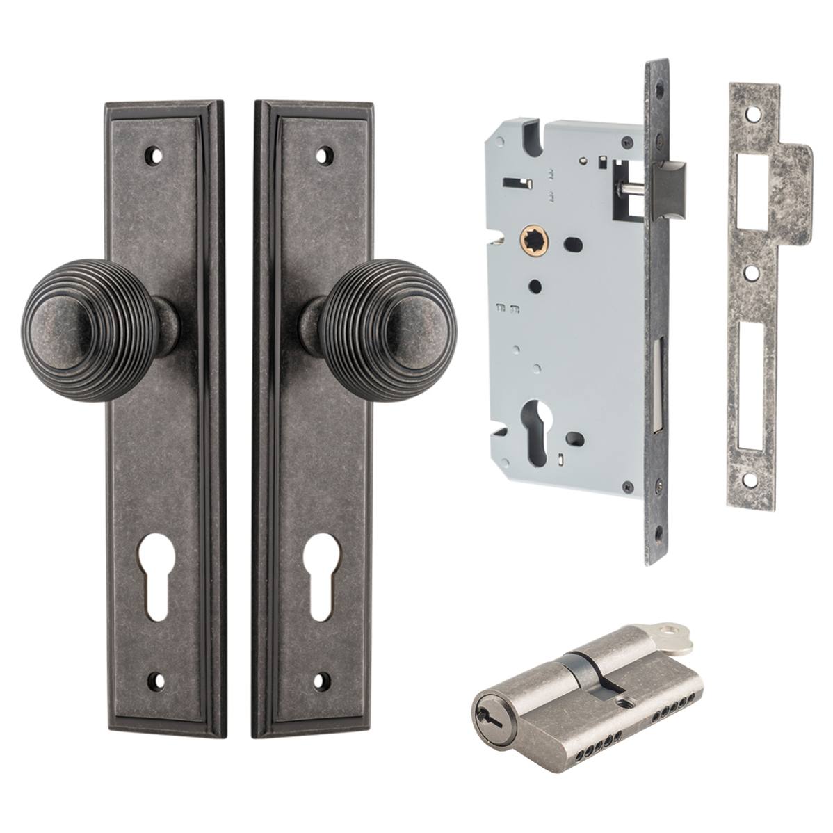 Guildford Knob Stepped Backplate Entrance Kit w High Security Lock Distressed Nickel