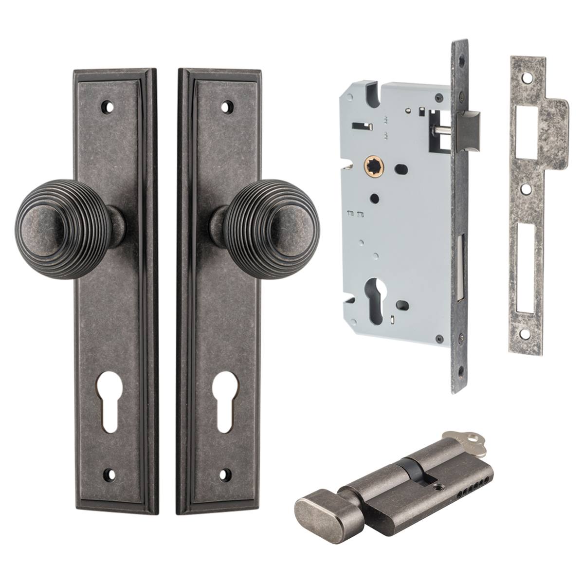 Guildford Knob Stepped Backplate Entrance Kit w High Security Lock Distressed Nickel