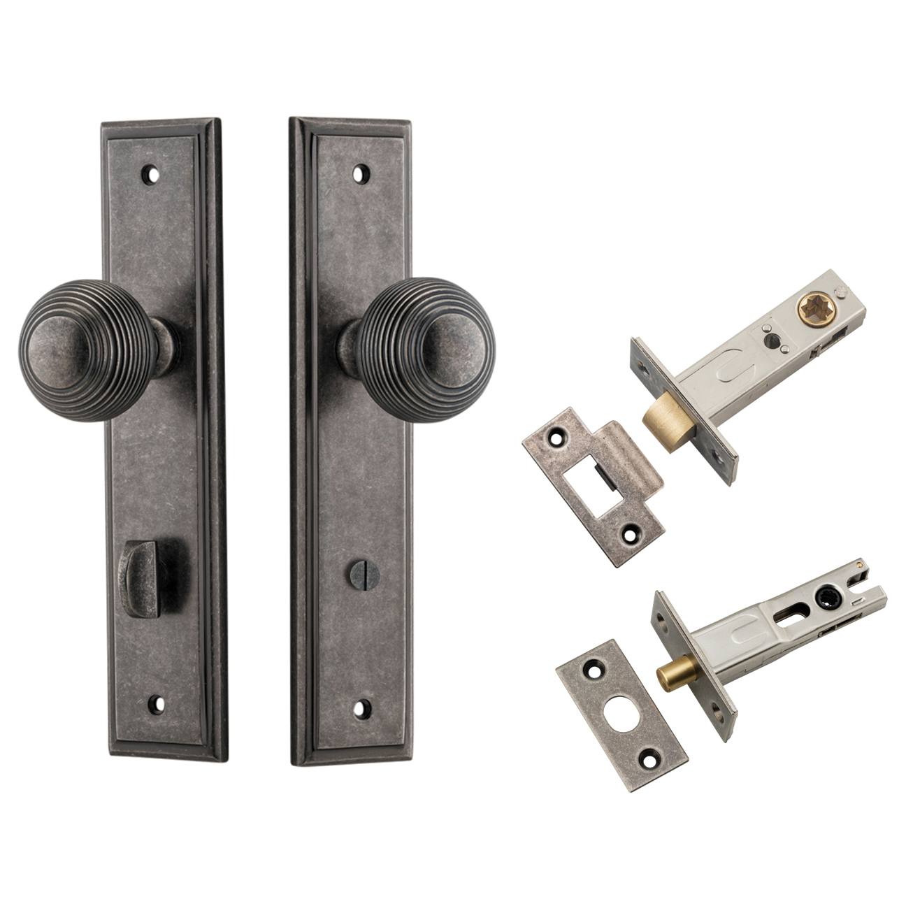 Guildford Knob Stepped Backplate Privacy Kit w Privacy Turn Distressed Nickel