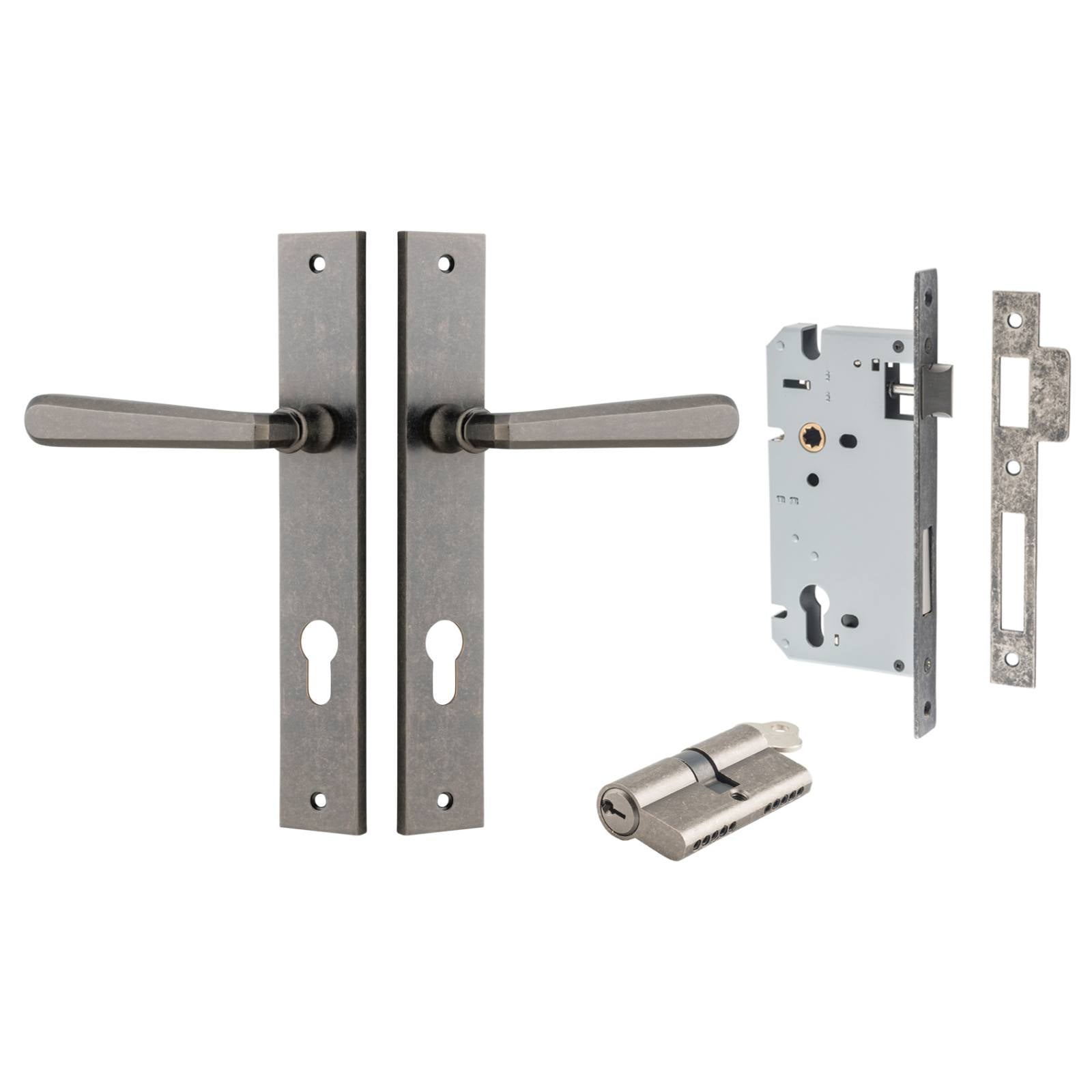Copenhagen Lever Rectangular Backplate Entrance Kit w High Security Lock Distressed Nickel