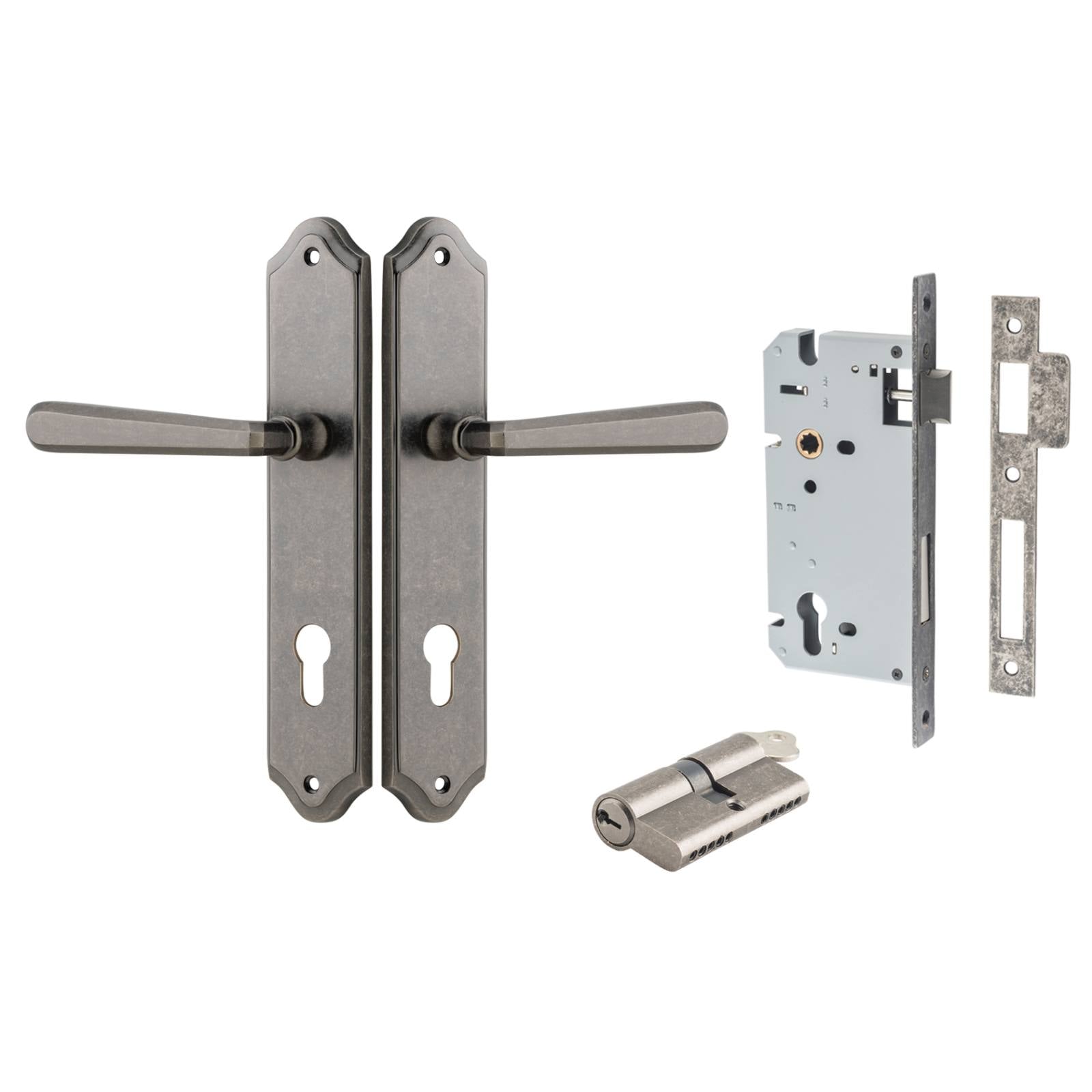 Copenhagen Lever Shouldered Backplate Entrance Kit w High Security Lock Distressed Nickel