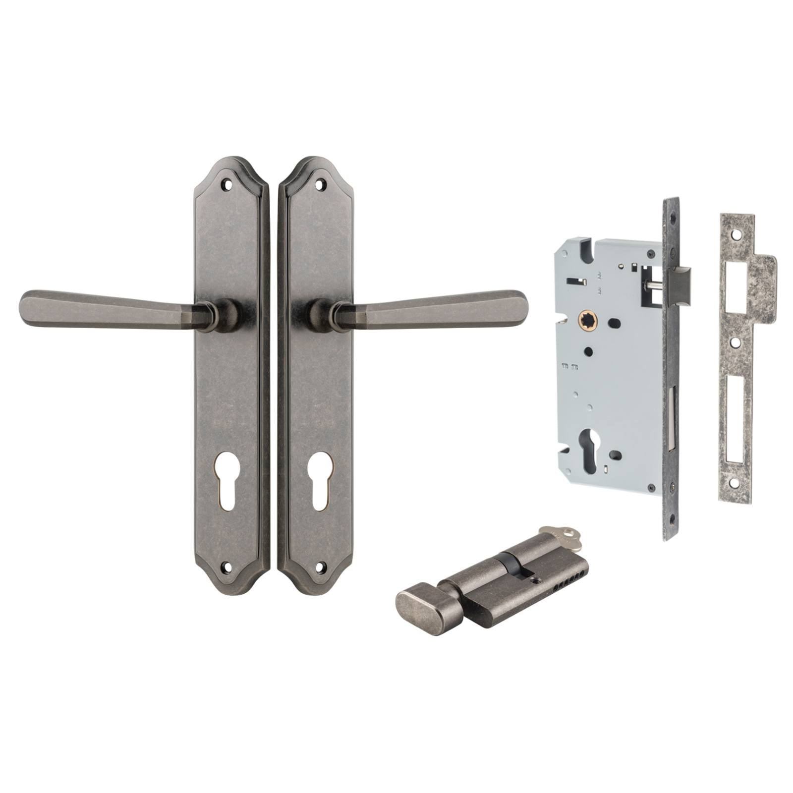 Copenhagen Lever Shouldered Backplate Entrance Kit w High Security Lock Distressed Nickel