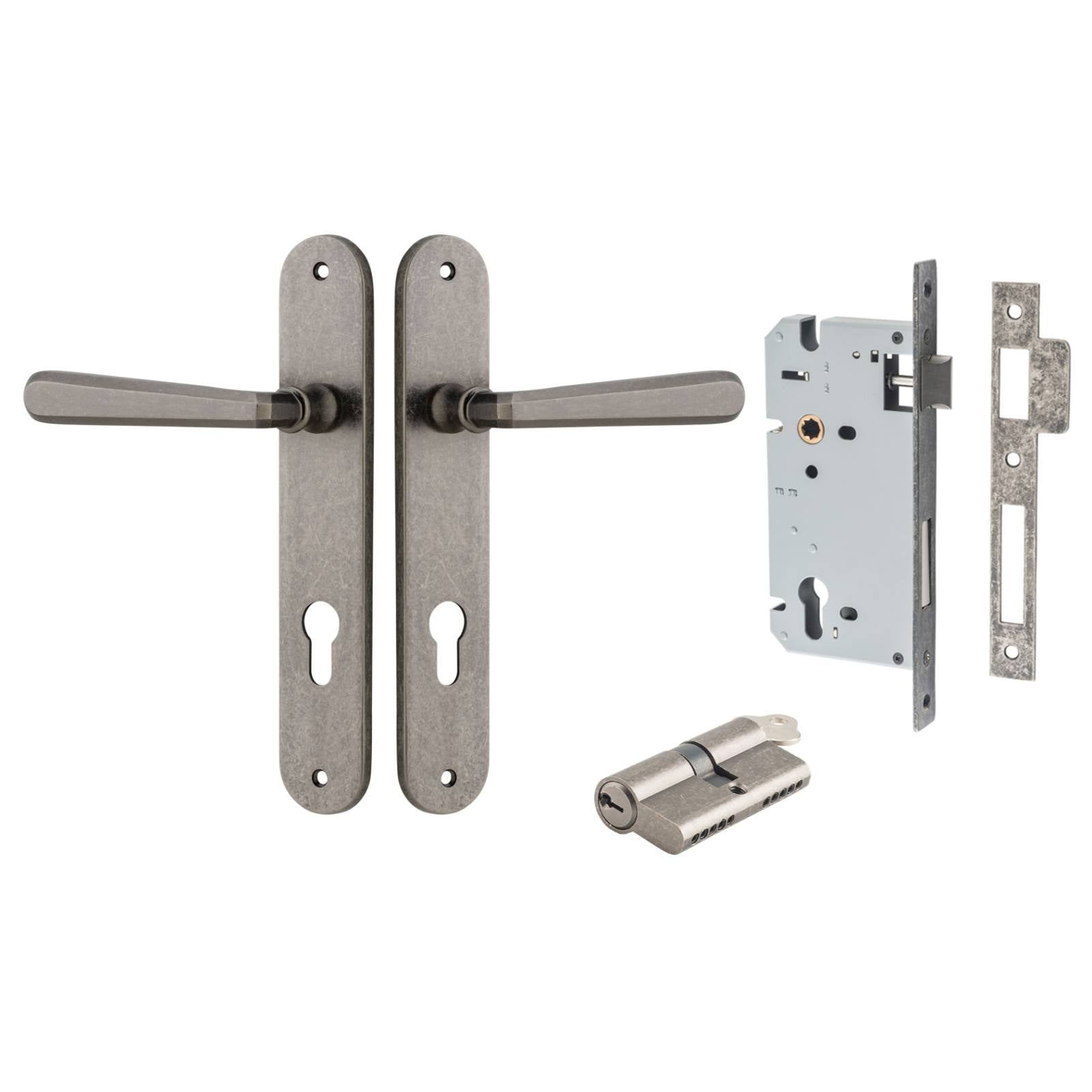 Copenhagen Lever Oval Backplate Entrance Kit w High Security Lock Distressed Nickel