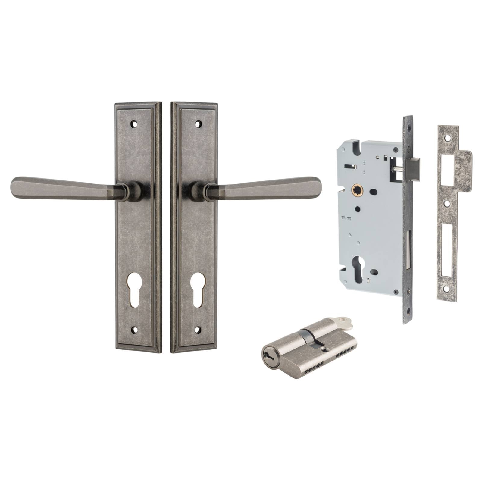 Copenhagen Lever Stepped Backplate Entrance Kit w High Security Lock Distressed Nickel