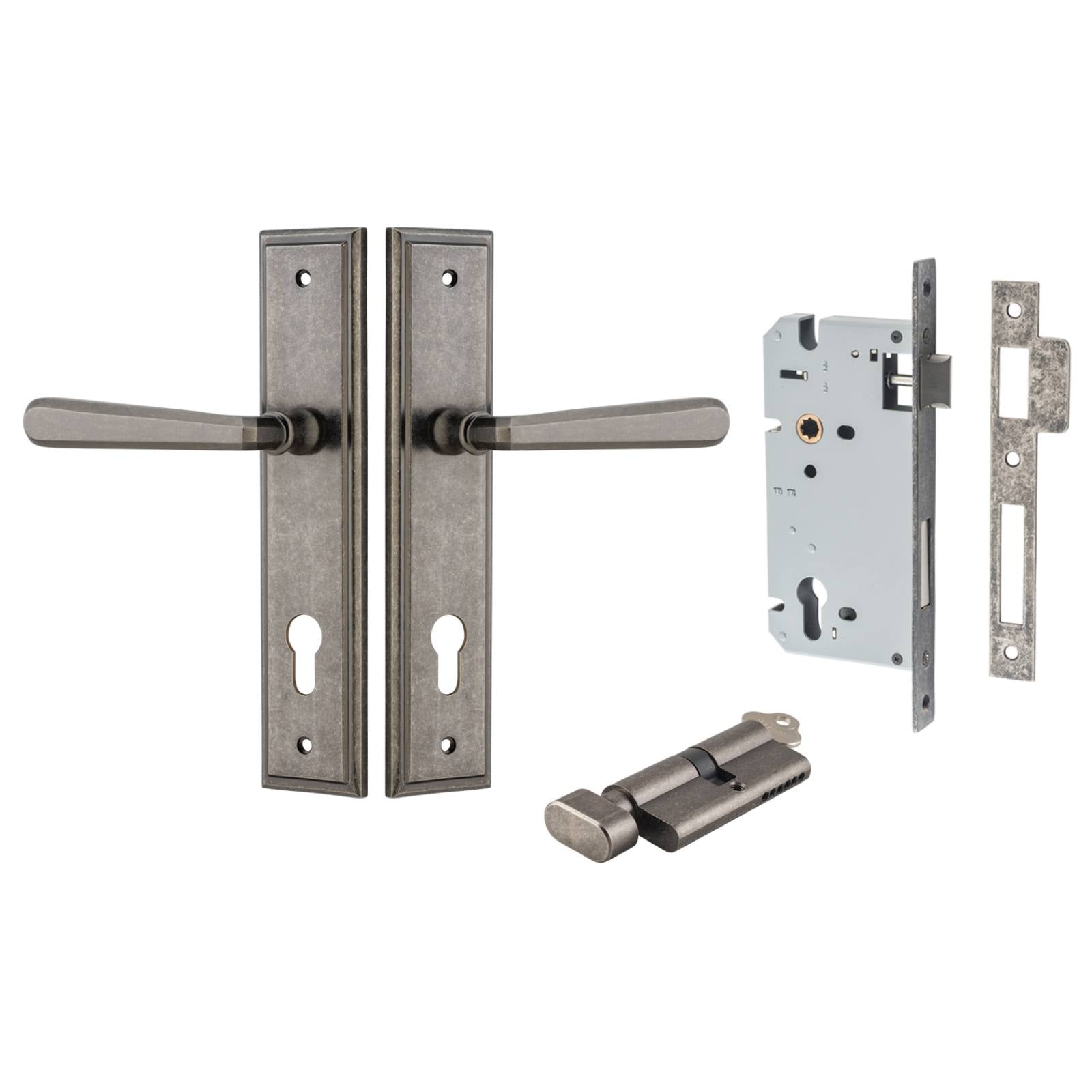 Copenhagen Lever Stepped Backplate Entrance Kit w High Security Lock Distressed Nickel
