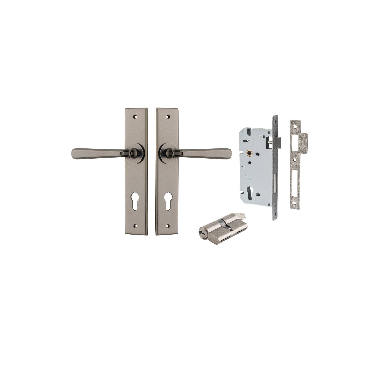 Copenhagen Lever Chamfered Backplate Entrance Kit w High Security Lock Distressed Nickel
