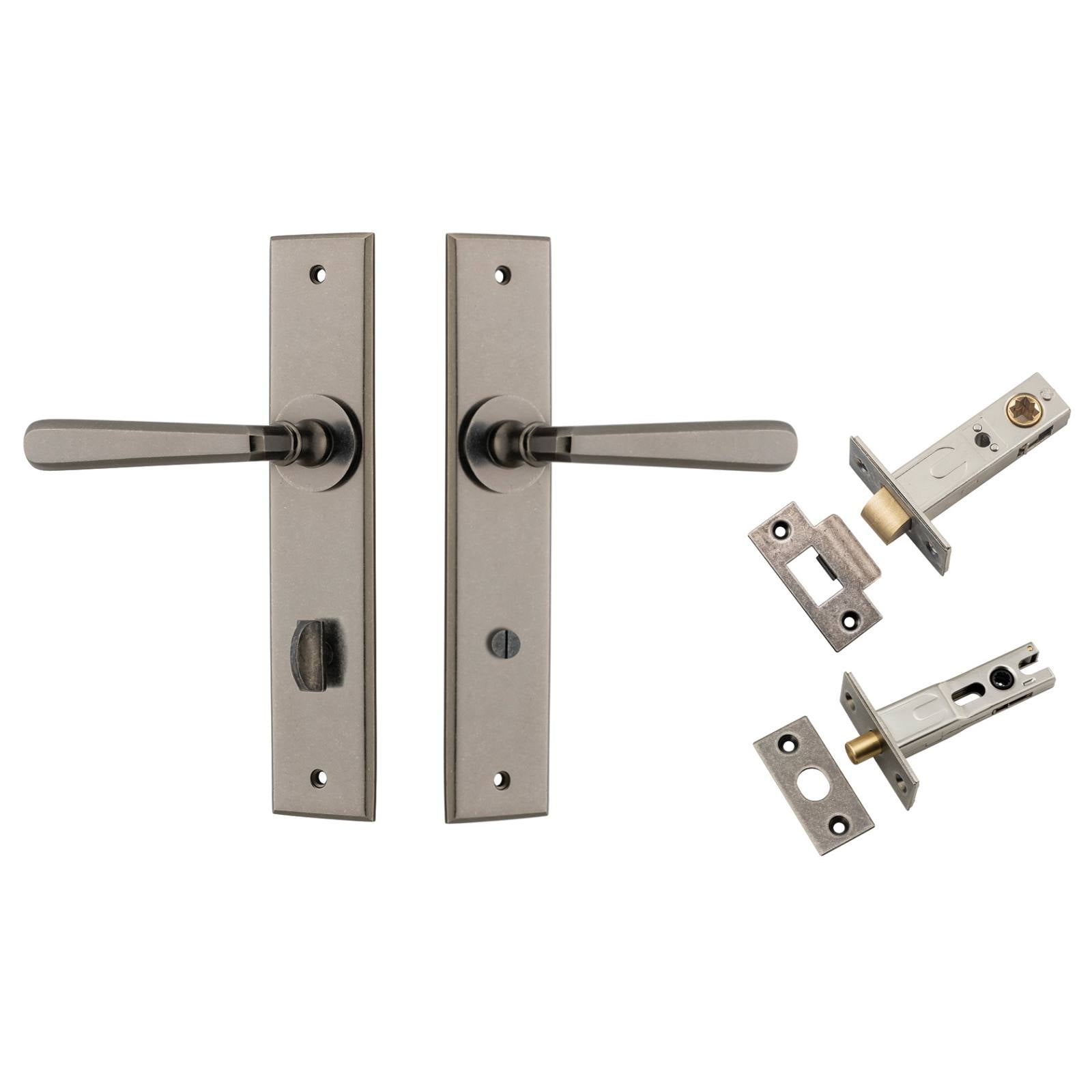 Copenhagen Lever Chamfered Backplate Privacy Kit w Privacy Turn Distressed Nickel