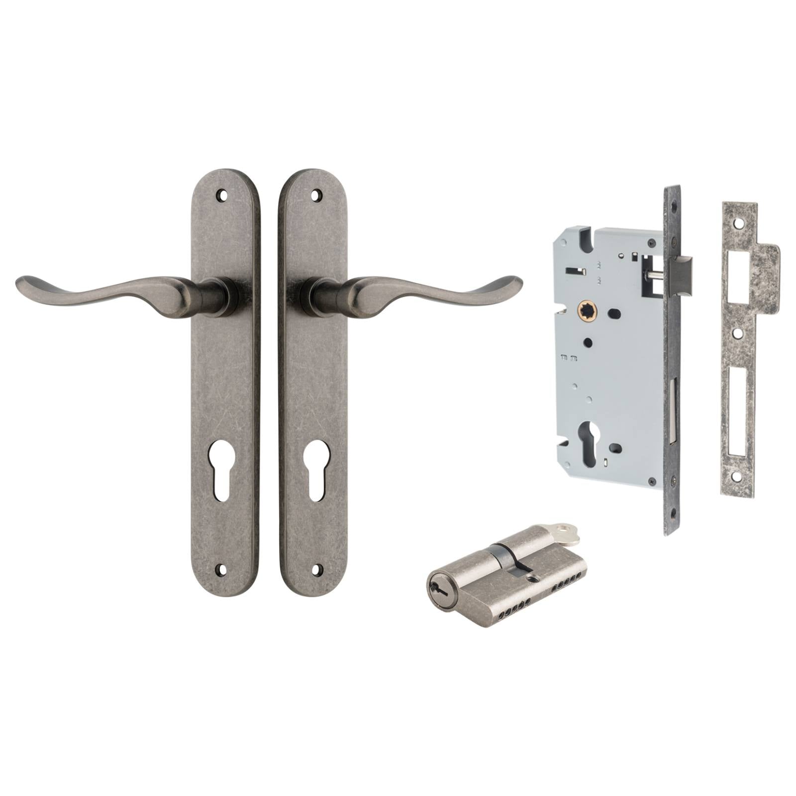 Stirling Lever Oval Backplate Entrance Kit w High Security Lock Distressed Nickel