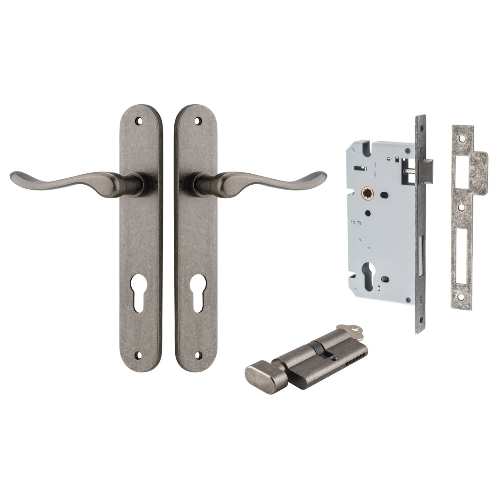 Stirling Lever Oval Backplate Entrance Kit w High Security Lock Distressed Nickel