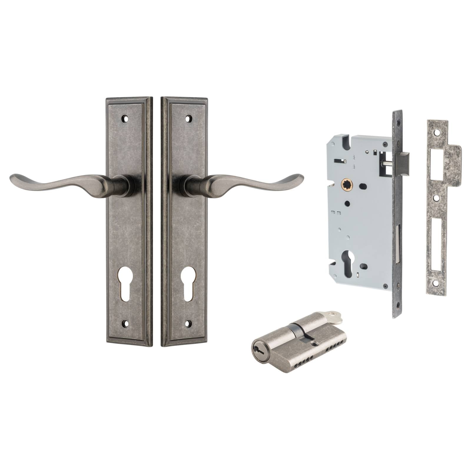 Stirling Lever Stepped Backplate Entrance Kit w High Security Lock Distressed Nickel