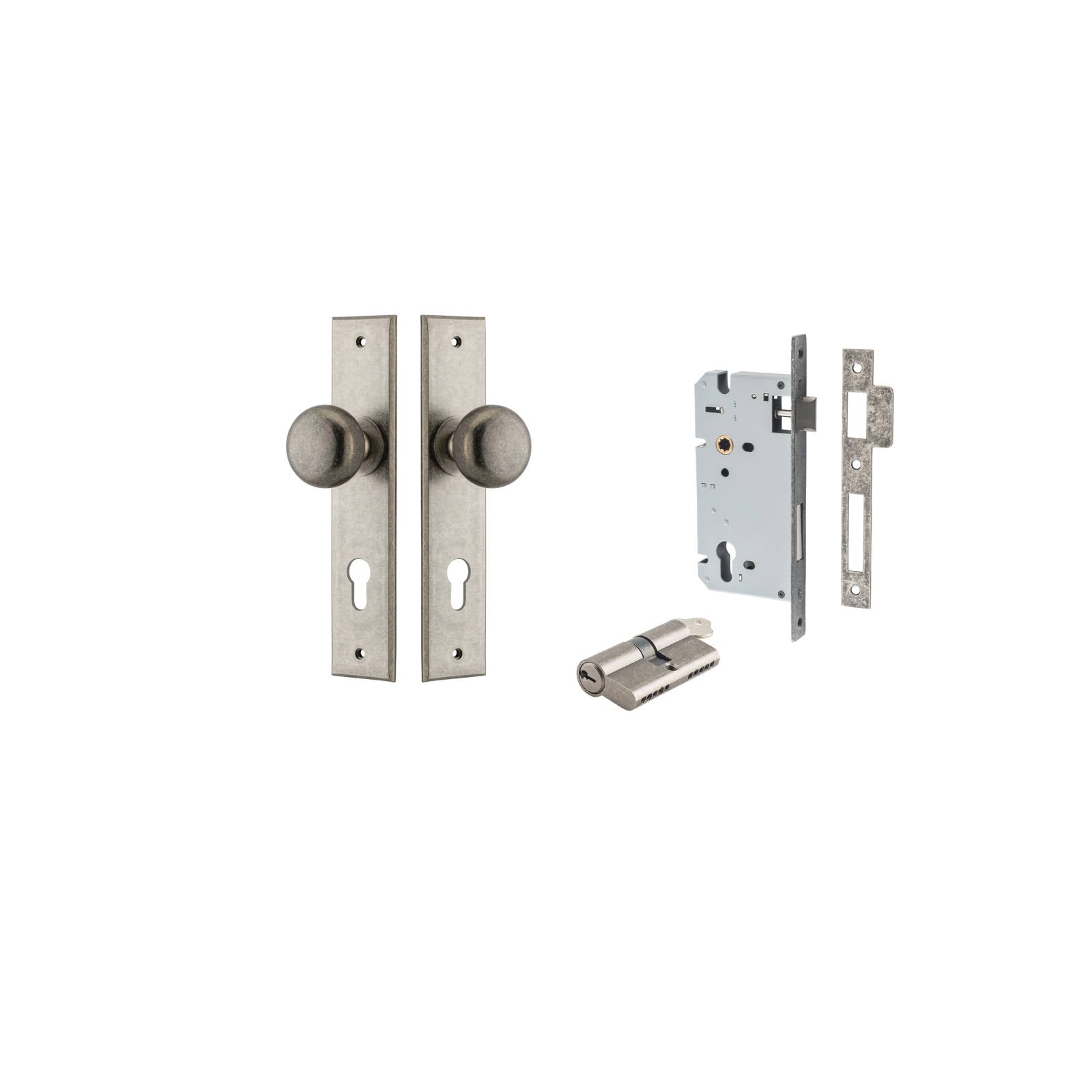 Cambridge Knob Chamfered Backplate Entrance Kit w High Security Lock Distressed Nickel
