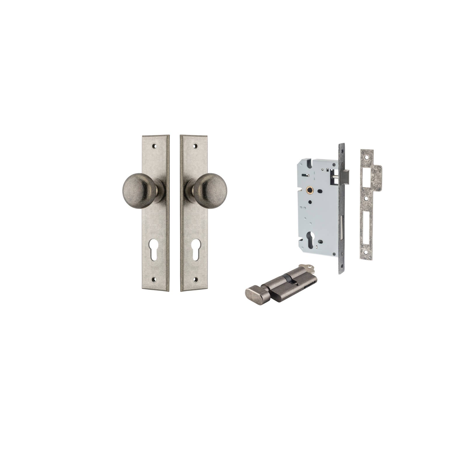 Cambridge Knob Chamfered Backplate Entrance Kit w High Security Lock Distressed Nickel