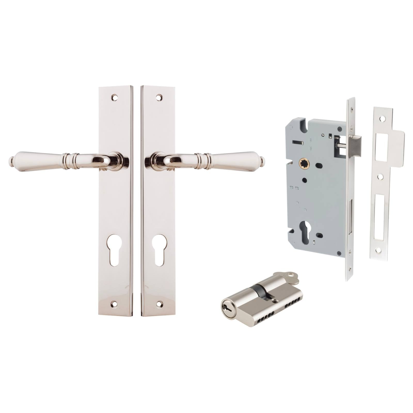 Sarlat Lever Rectangular Backplate Entrance Kit w High Security Lock Polished Nickel