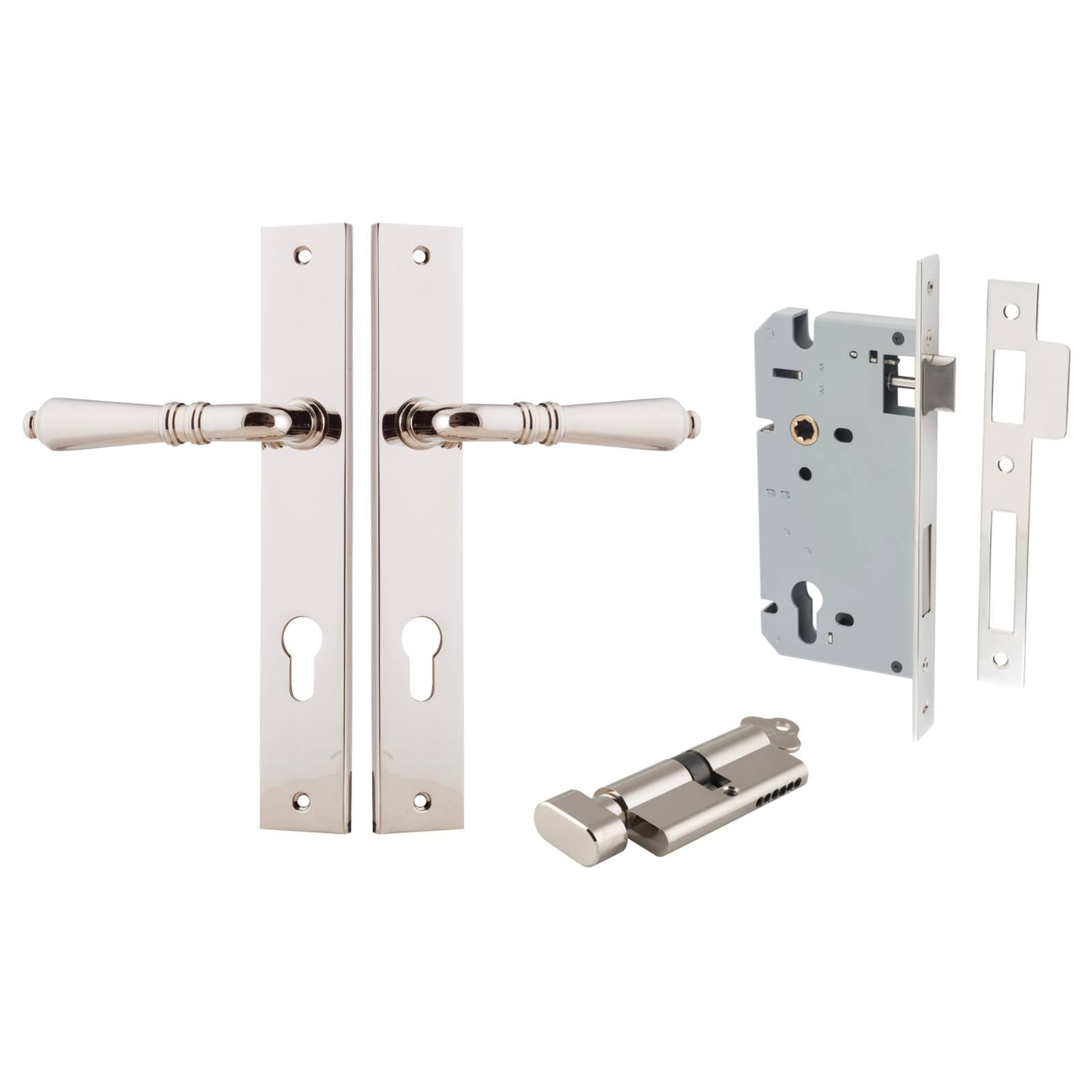 Sarlat Lever Rectangular Backplate Entrance Kit w High Security Lock Polished Nickel