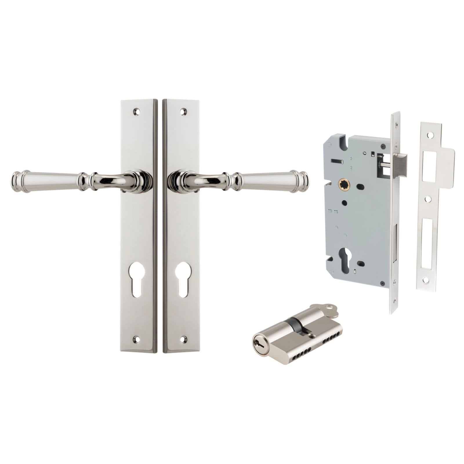 Verona Lever Rectangular Backplate Entrance Kit w High Security Lock Polished Nickel