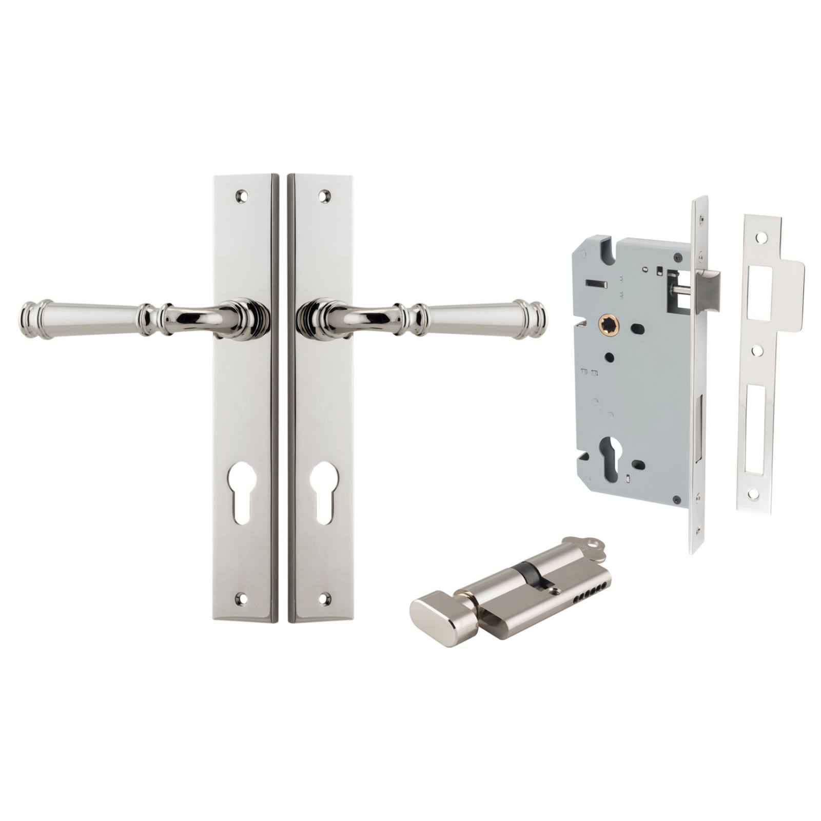 Verona Lever Rectangular Backplate Entrance Kit w High Security Lock Polished Nickel