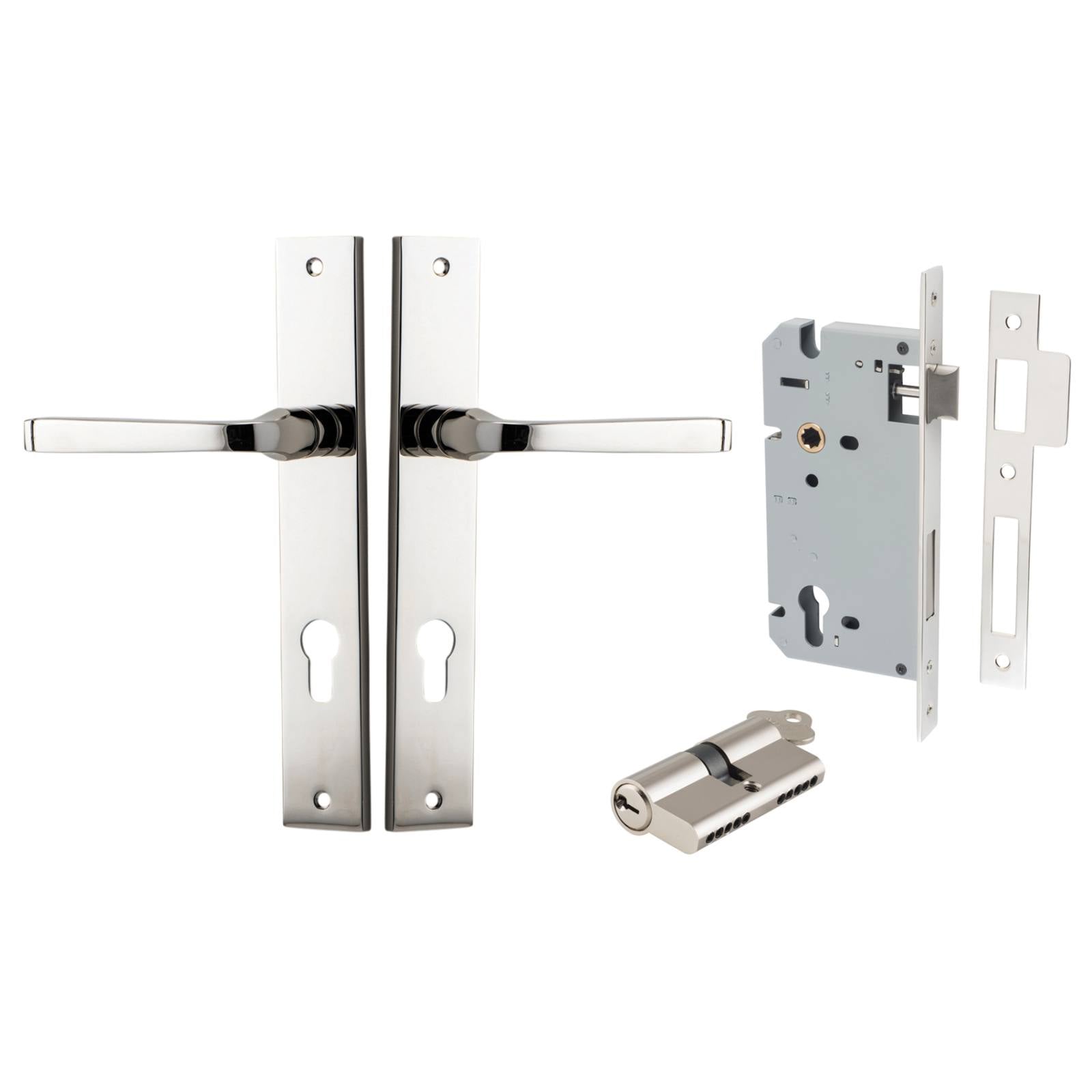 Annecy Lever Rectangular Backplate Entrance Kit w High Security Lock Polished Nickel