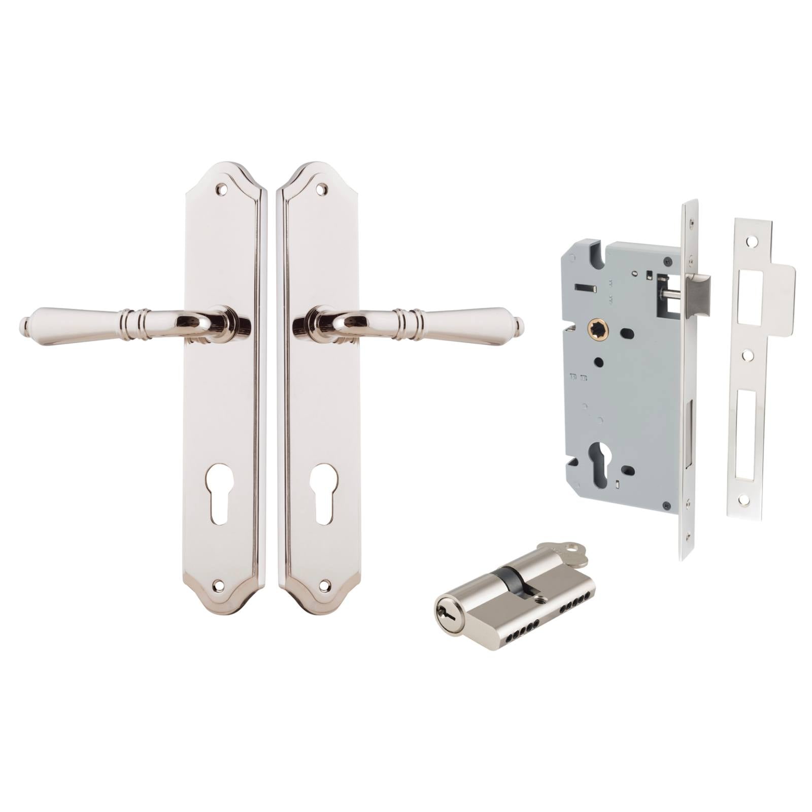 Sarlat Lever Shouldered Backplate Entrance Kit w High Security Lock Polished Nickel