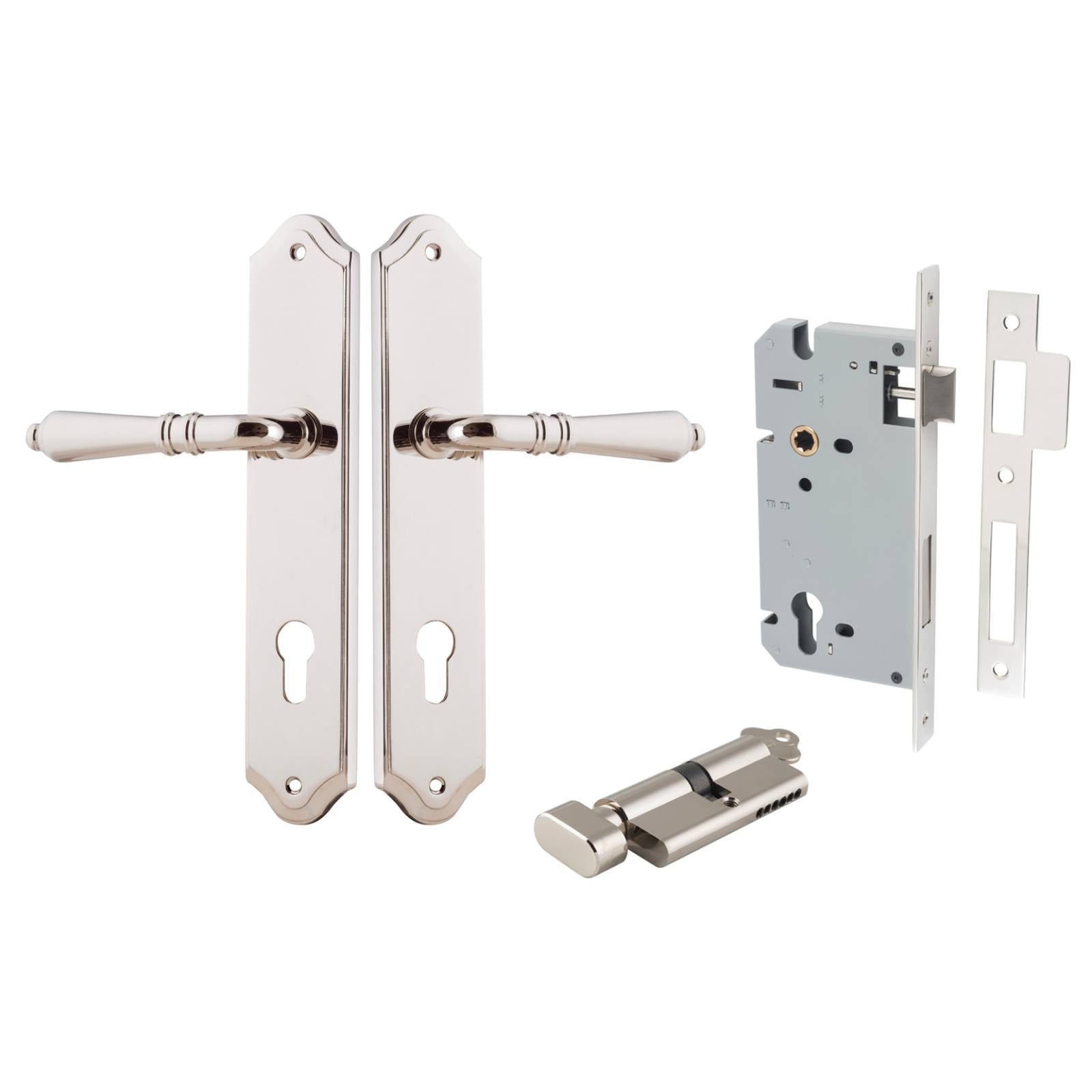 Sarlat Lever Shouldered Backplate Entrance Kit w High Security Lock Polished Nickel