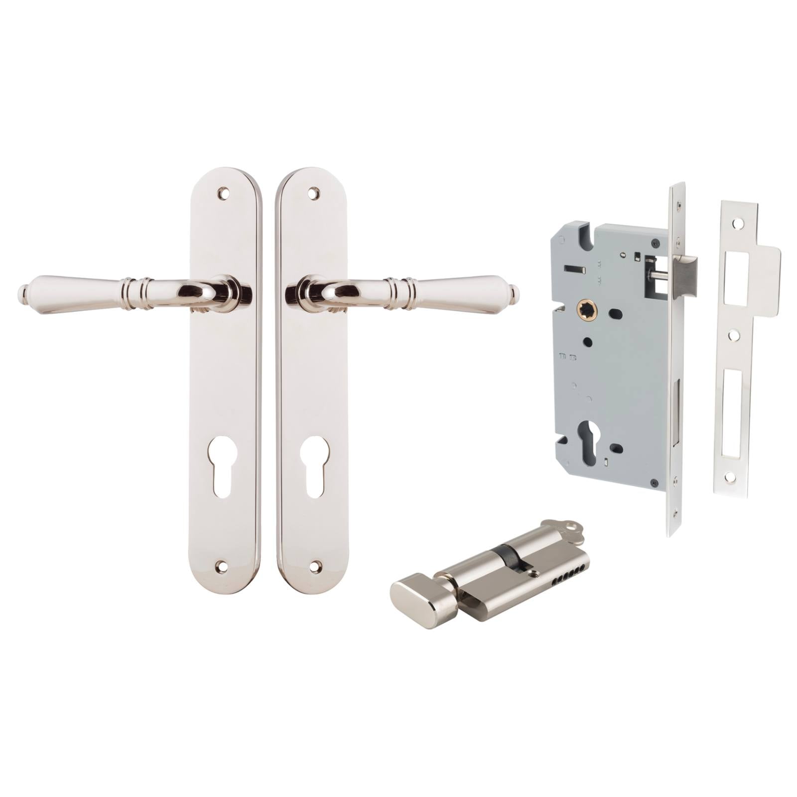 Sarlat Lever Oval Backplate Entrance Kit w High Security Lock Polished Nickel