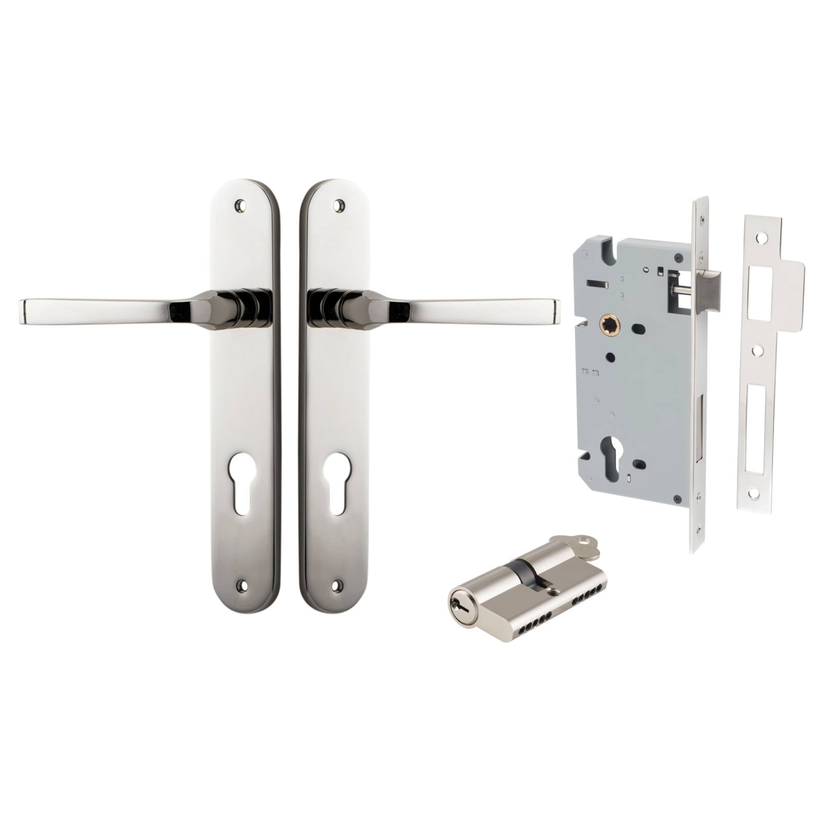 Annecy Lever Oval Backplate Entrance Kit w High Security Lock Polished Nickel