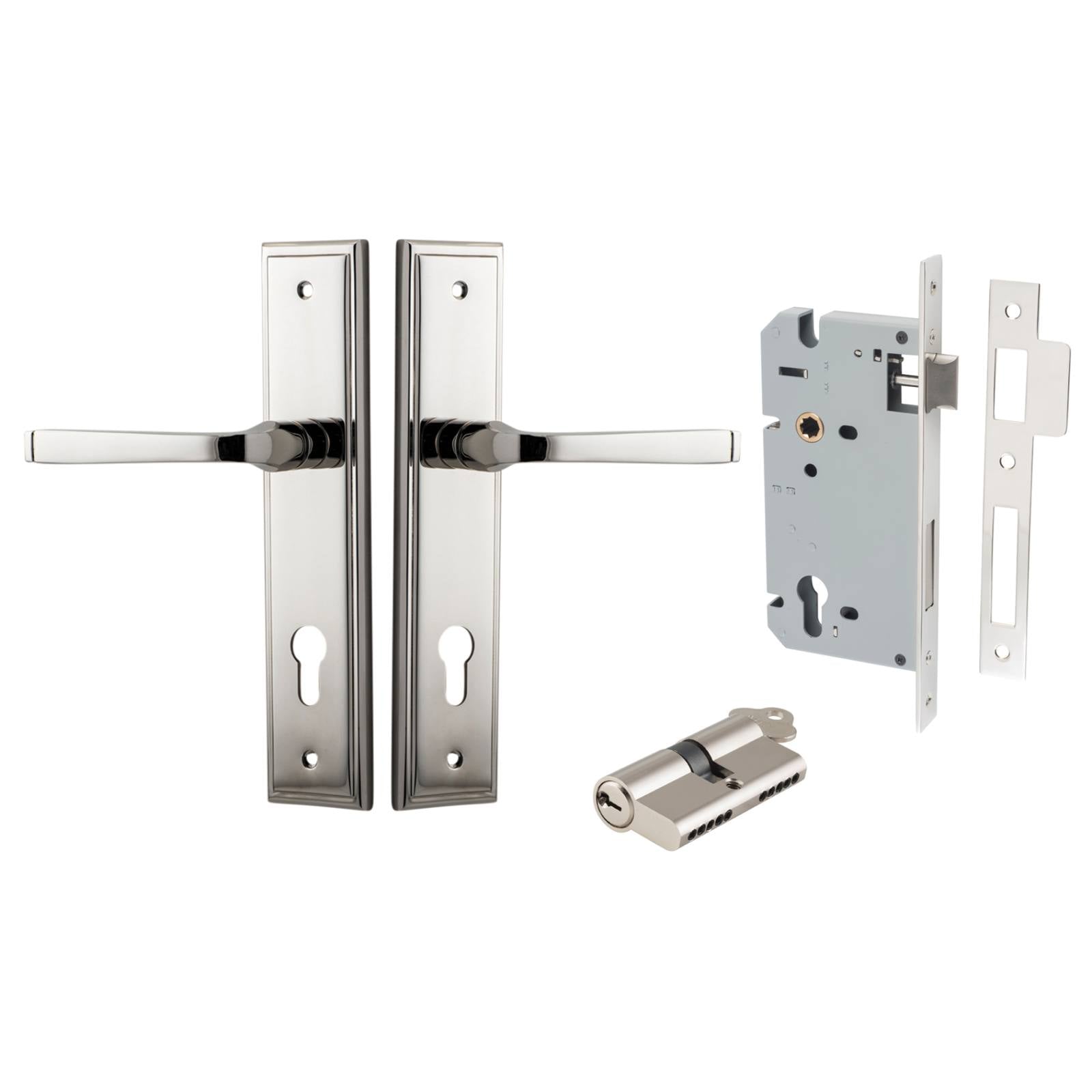 Annecy Lever Stepped Backplate Entrance Kit w High Security Lock Polished Nickel