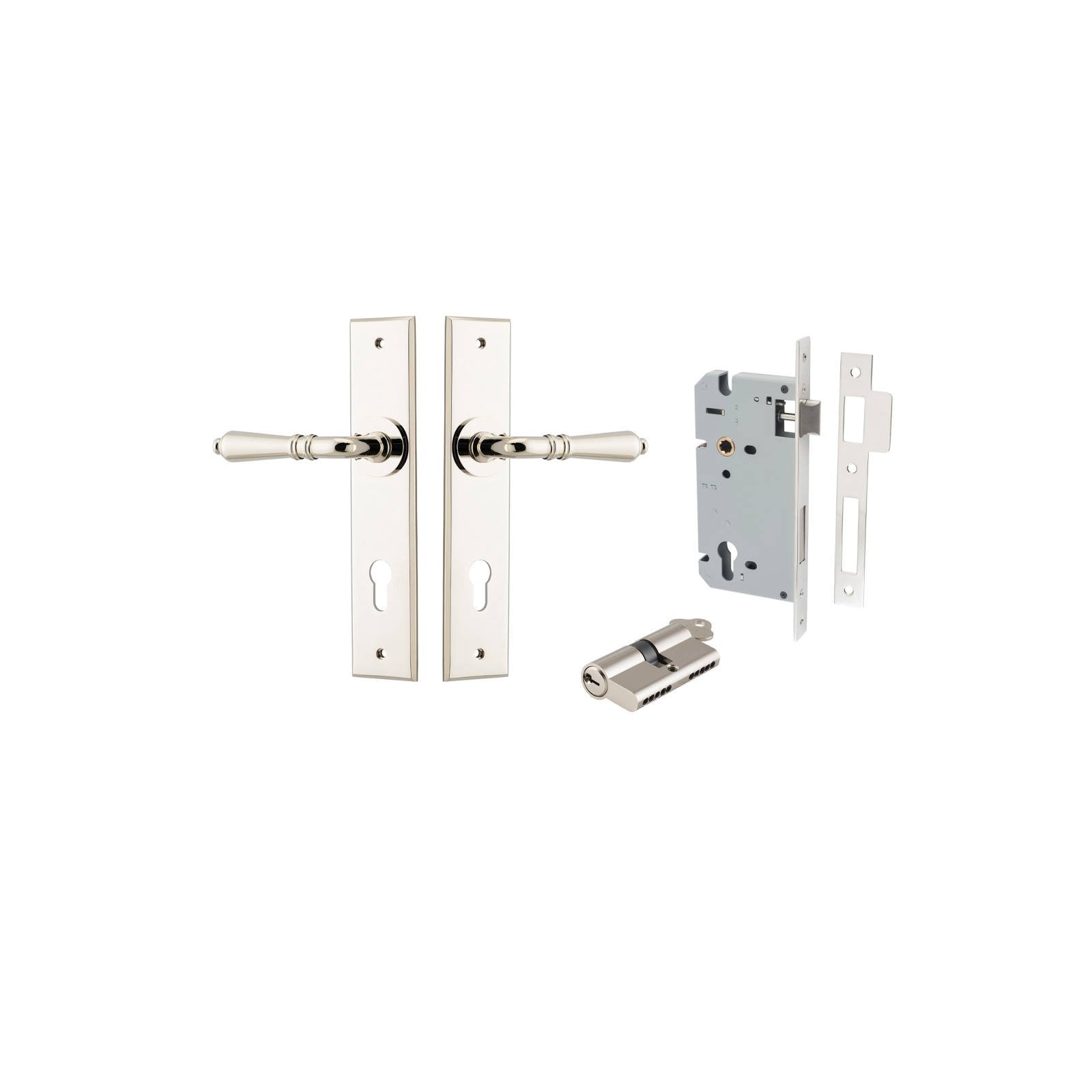 Sarlat Lever Chamfered Backplate Entrance Kit w High Security Lock Polished Nickel