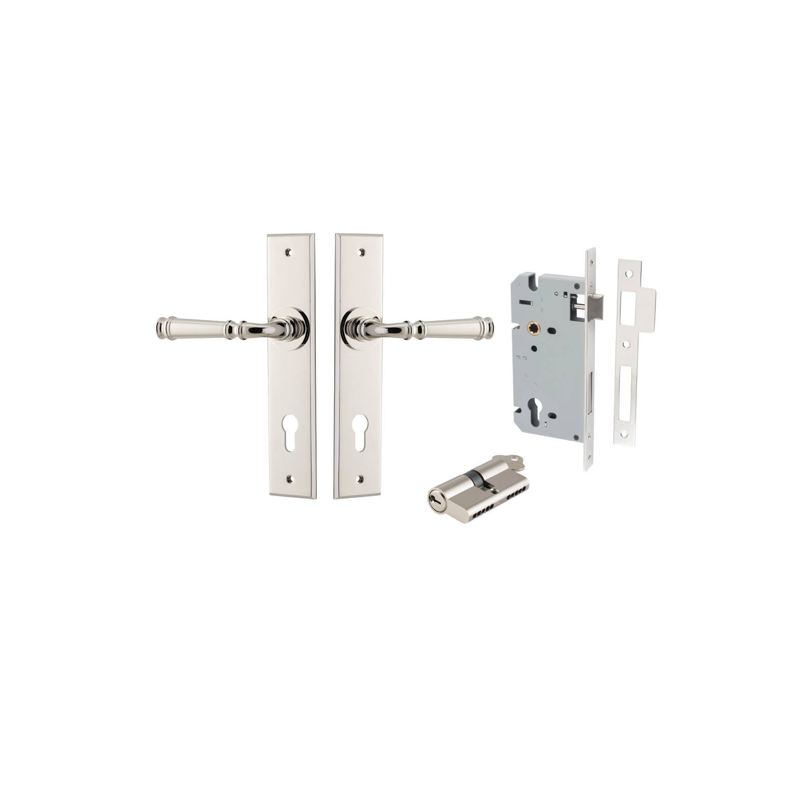 Verona Lever Chamfered Backplate Entrance Kit w High Security Lock Polished Nickel