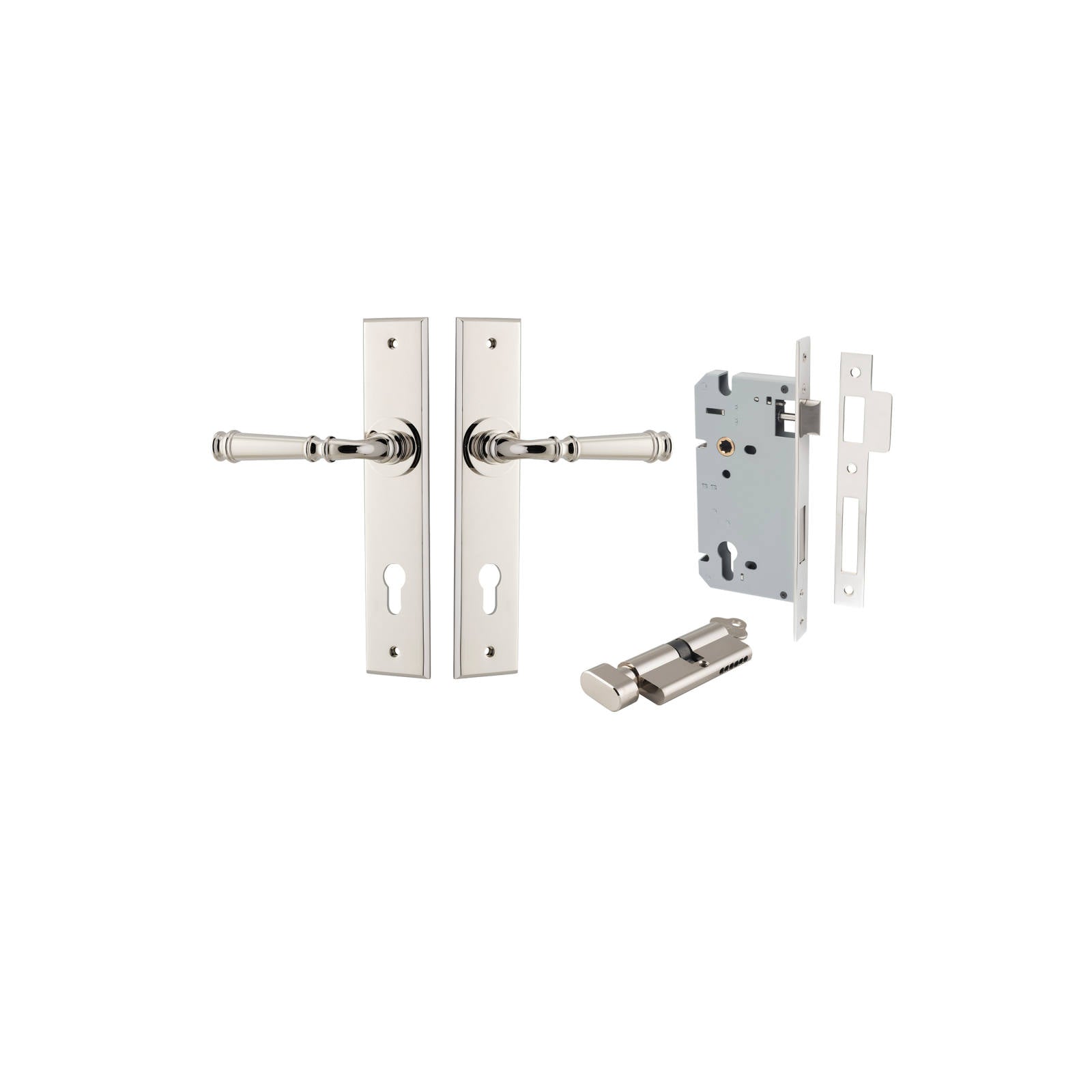 Verona Lever Chamfered Backplate Entrance Kit w High Security Lock Polished Nickel