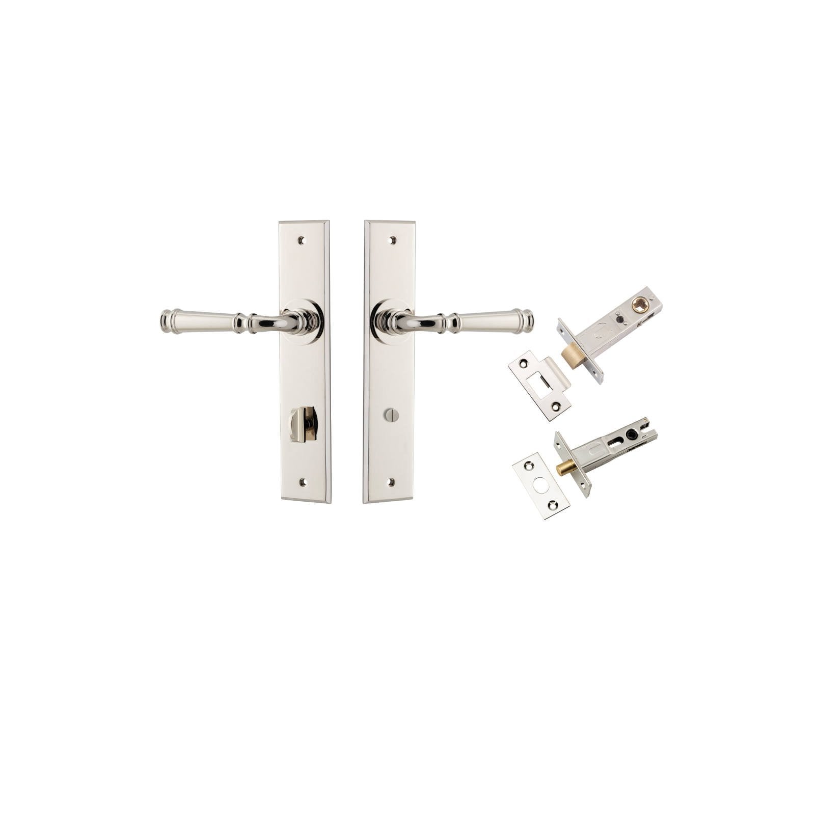 Verona Lever Chamfered  Backplate Privacy Kit w Privacy Turn Polished Nickel