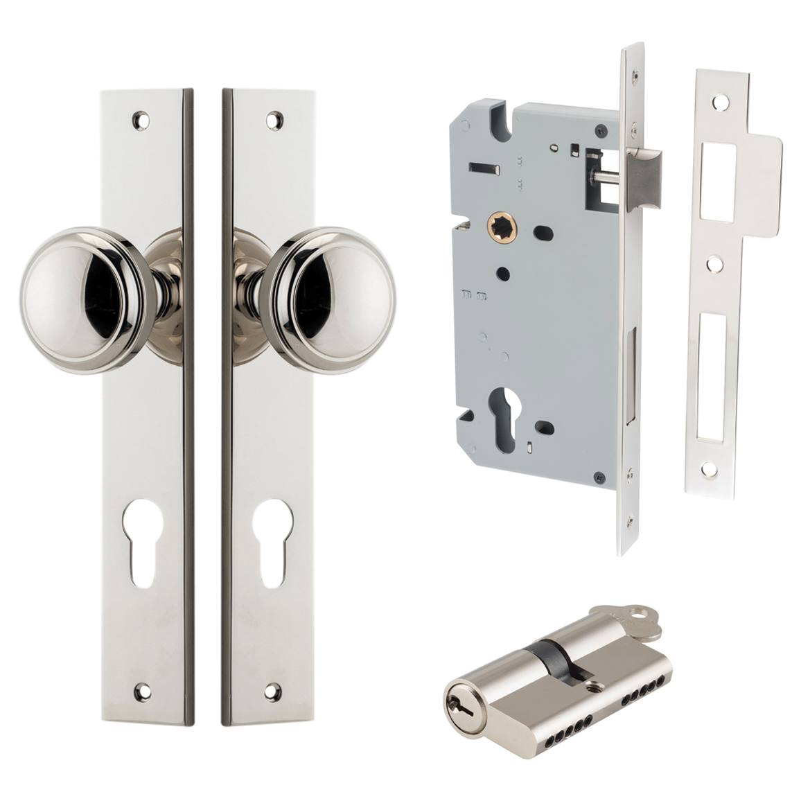 Paddington Knob Rectangular Backplate Entrance Kit w High Security Lock Polished Nickel