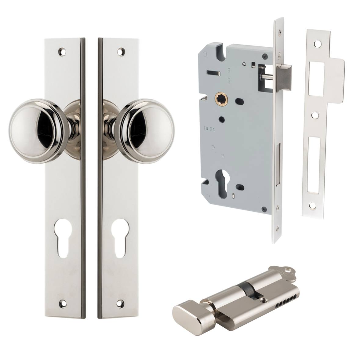 Paddington Knob Rectangular Backplate Entrance Kit w High Security Lock Polished Nickel
