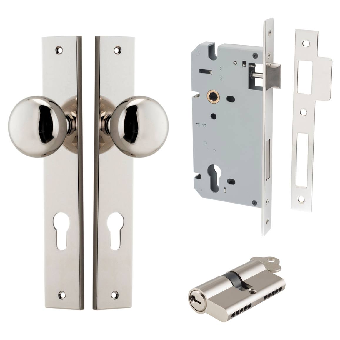 Cambridge Knob Rectangular Backplate Entrance Kit w High Security Lock Polished Nickel