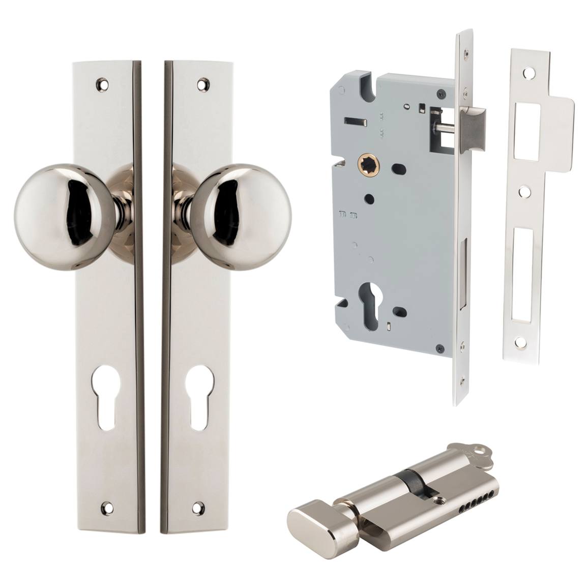 Cambridge Knob Rectangular Backplate Entrance Kit w High Security Lock Polished Nickel