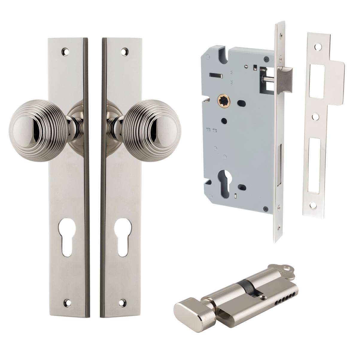 Guildford Knob Rectangular Backplate Entrance Kit w High Security Lock Polished Nickel