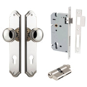 Paddington Knob Shouldered Backplate Entrance Kit w High Security Lock Polished Nickel