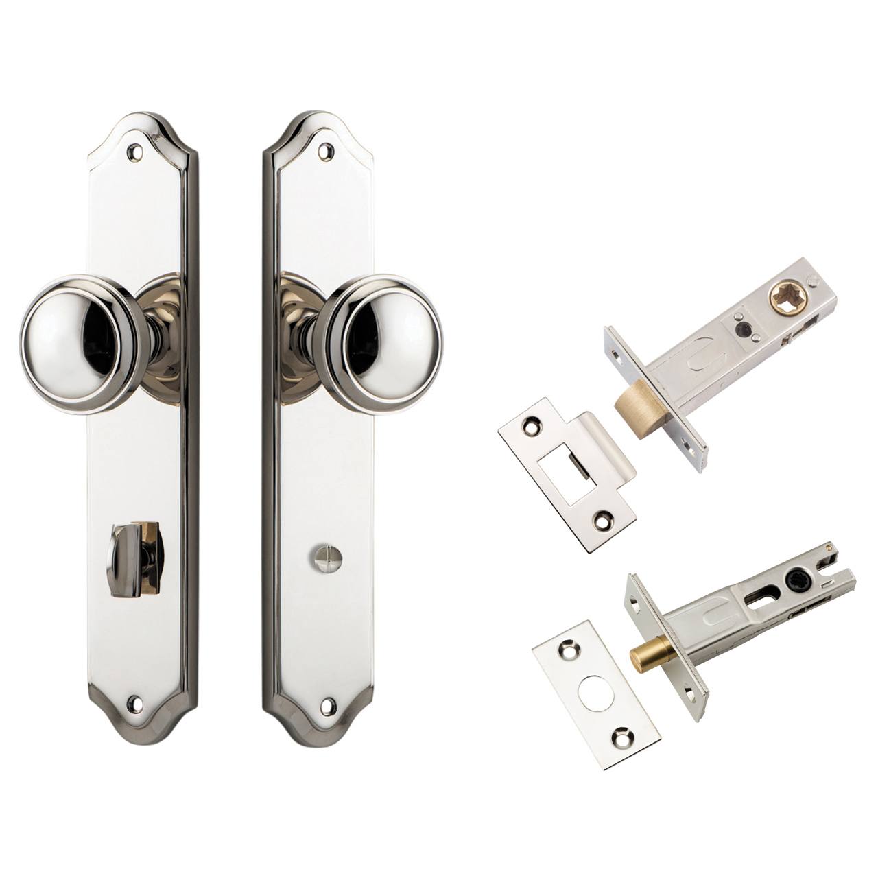 Paddington Knob Shouldered Backplate Privacy Kit w Privacy Turn Polished Nickel