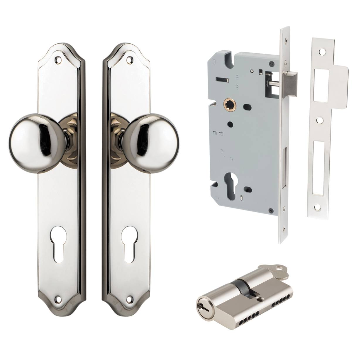 Cambridge Knob Shouldered Backplate Entrance Kit w High Security Lock Polished Nickel