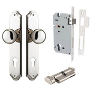Cambridge Knob Shouldered Backplate Entrance Kit w High Security Lock Polished Nickel