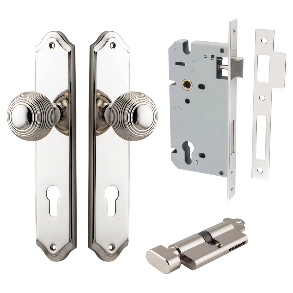 Guildford Knob Shouldered Backplate Entrance Kit w High Security Lock Polished Nickel