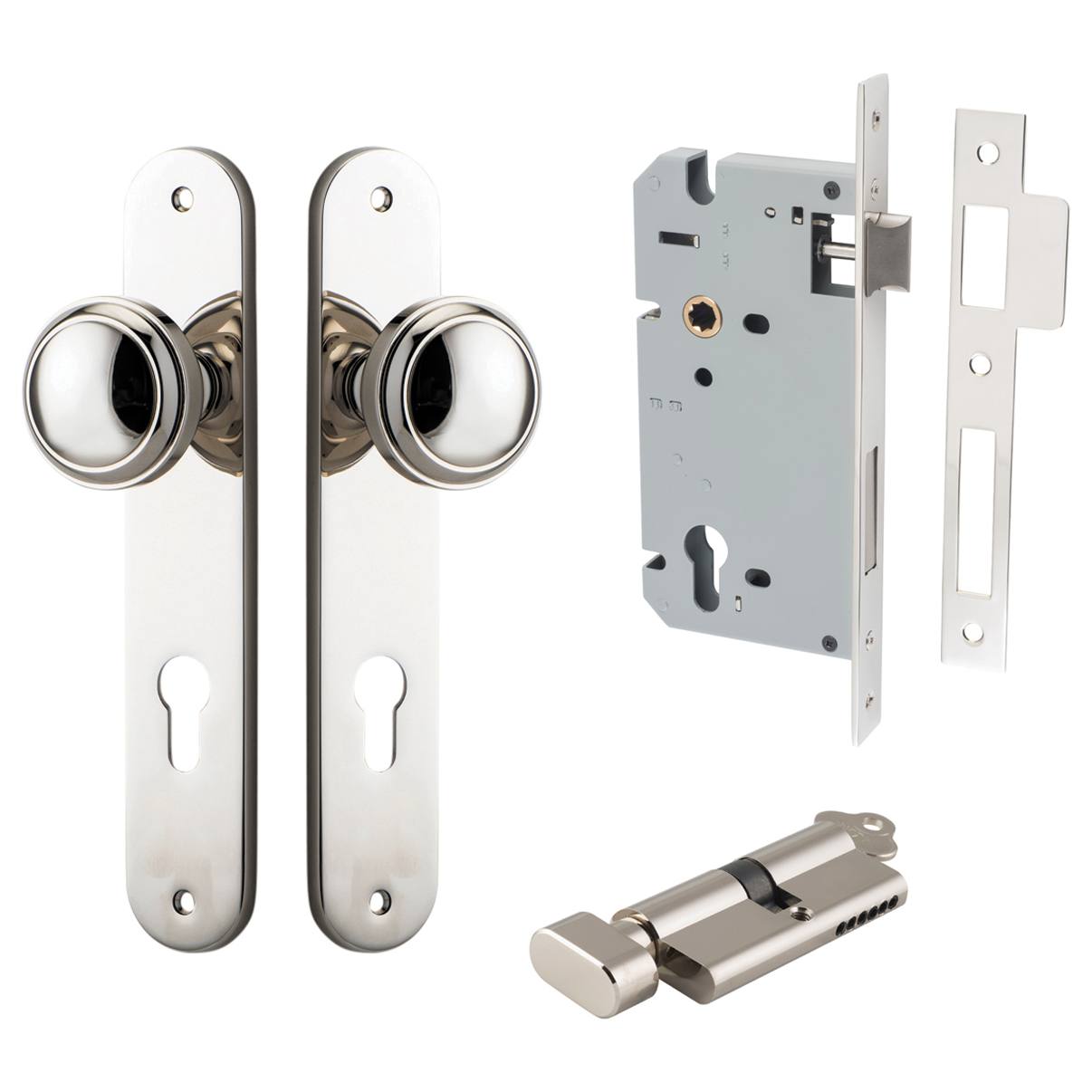 Paddington Knob Oval Backplate Entrance Kit w High Security Lock Polished Nickel