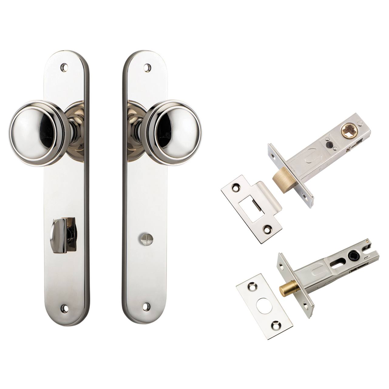 Paddington Knob Oval Backplate Privacy Kit w Privacy Turn Polished Nickel