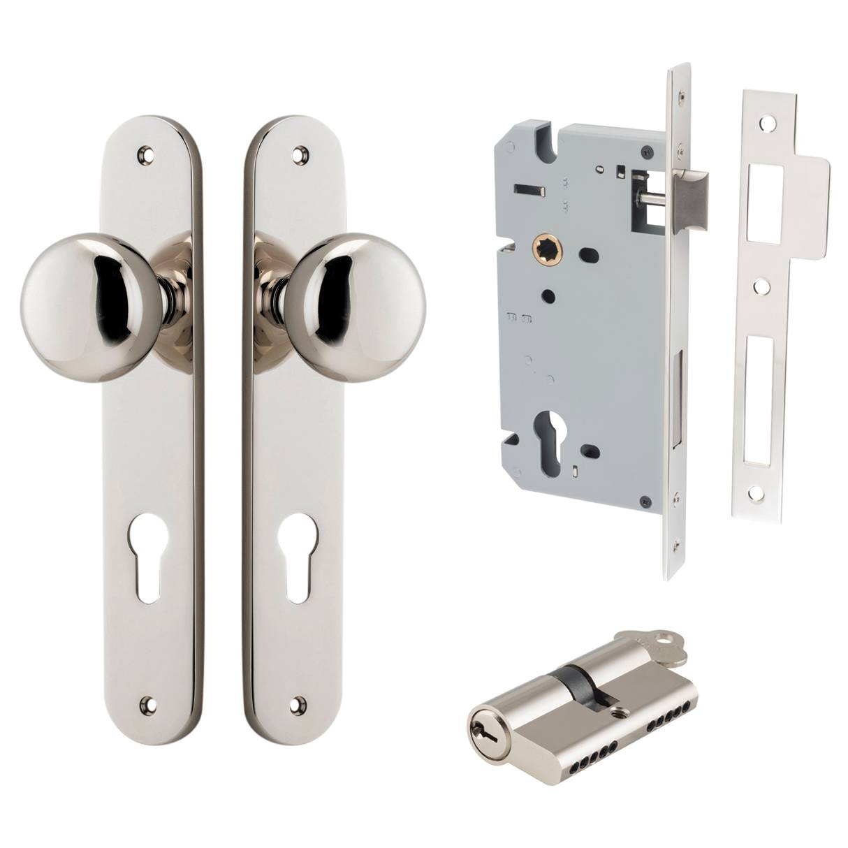 Cambridge Knob Oval Backplate Entrance Kit w High Security Lock Polished Nickel