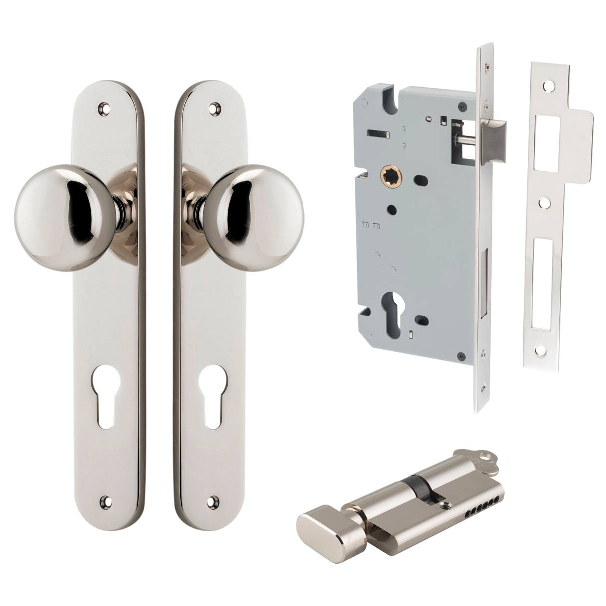 Cambridge Knob Oval Backplate Entrance Kit w High Security Lock Polished Nickel