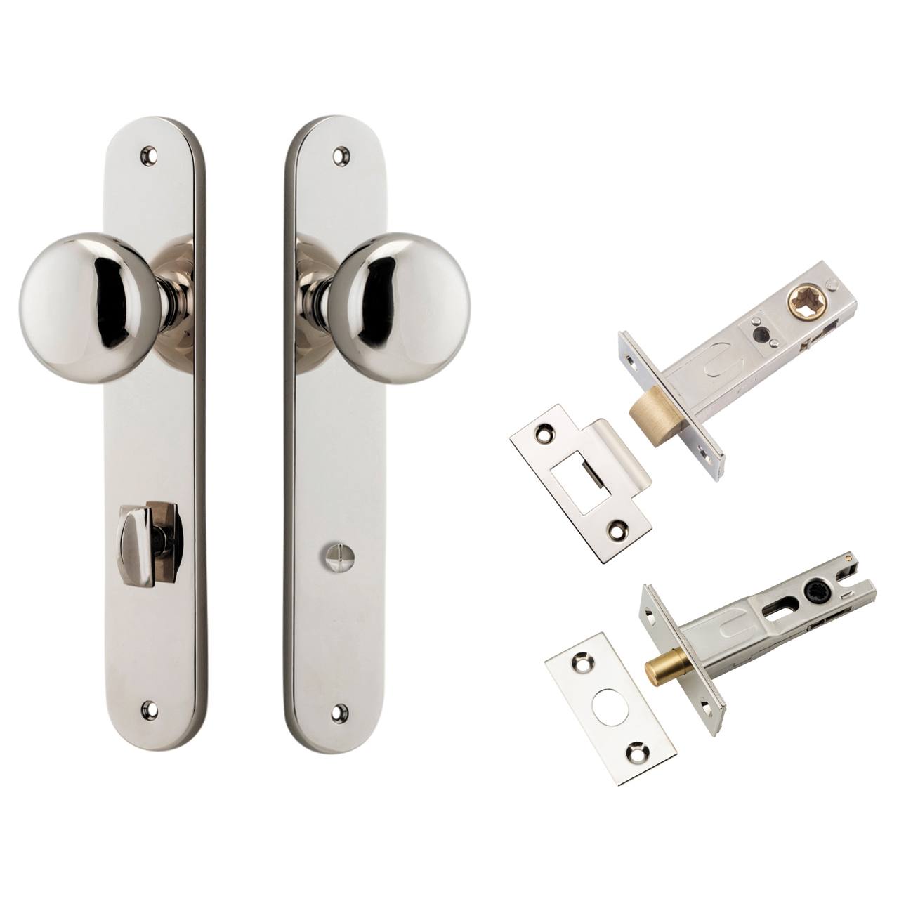 Cambridge Knob Oval Backplate Privacy Kit w Privacy Turn Polished Nickel
