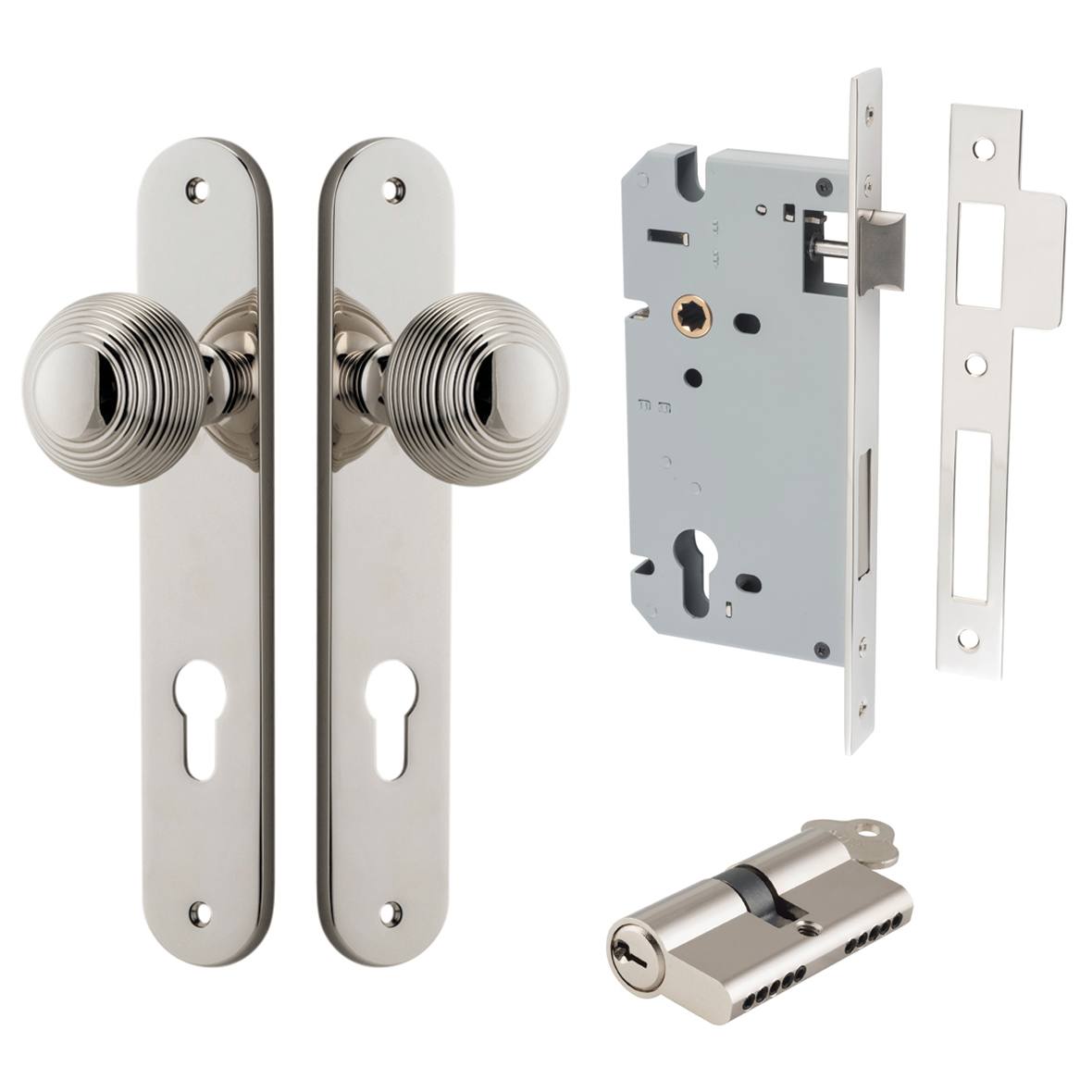 Guildford Knob Oval Backplate Entrance Kit w High Security Lock Polished Nickel