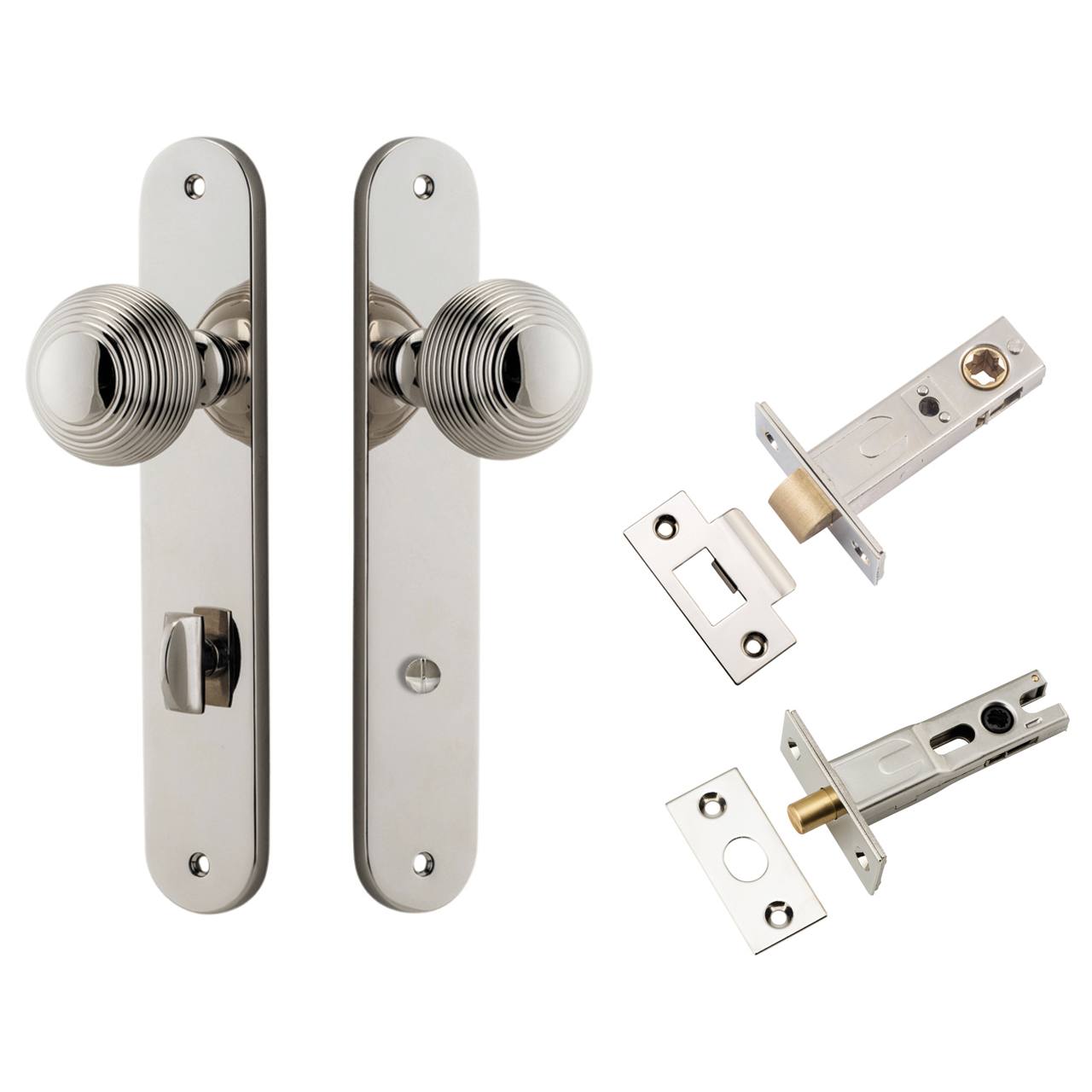 Guildford Knob Oval Backplate Privacy Kit w Privacy Turn Polished Nickel