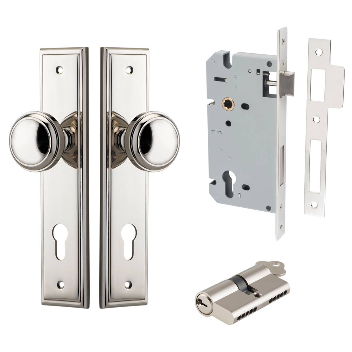 Paddington Knob Stepped Backplate Entrance Kit w High Security Lock Polished Nickel