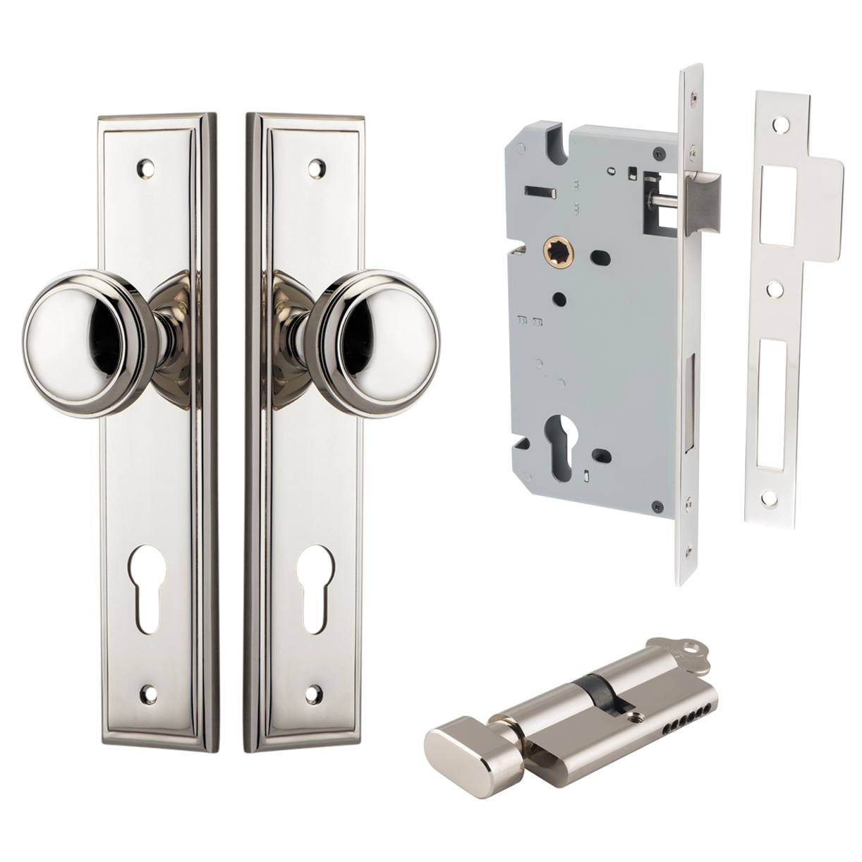 Paddington Knob Stepped Backplate Entrance Kit w High Security Lock Polished Nickel